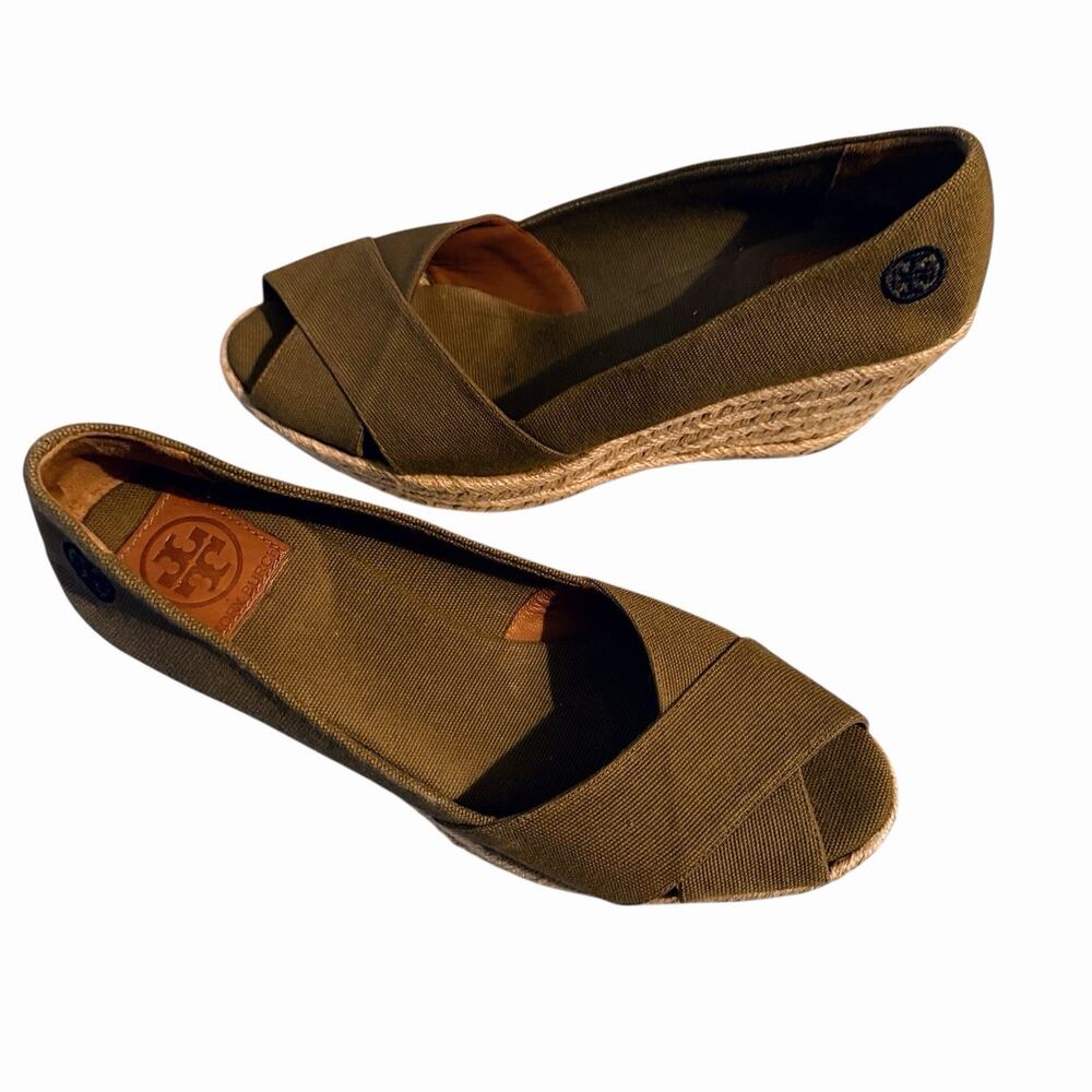 Tory Burch Filipa Criss Cross Espadrille Platform Wedge Olive Canvas Shoes 11 B
